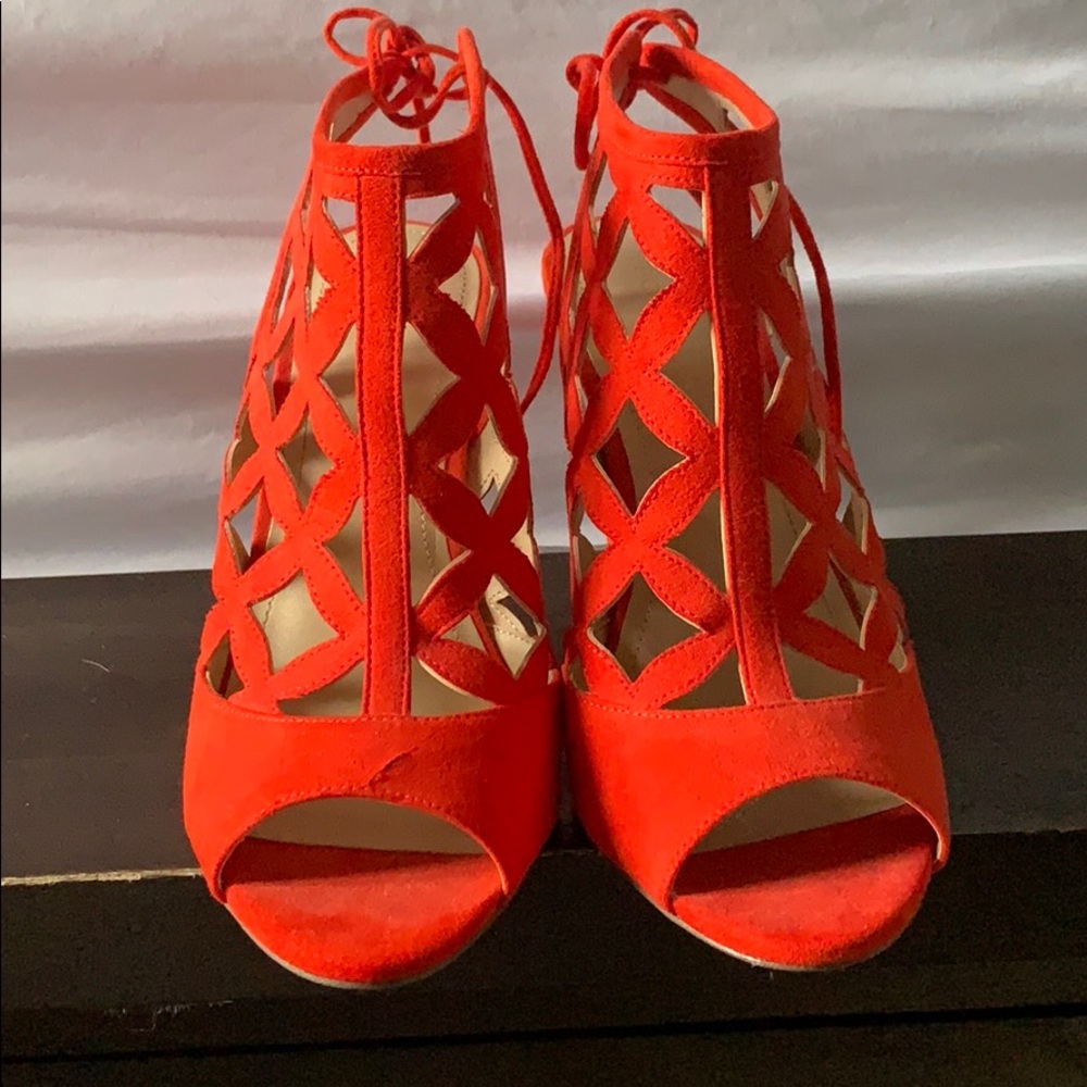 BCBG red cage front sandals